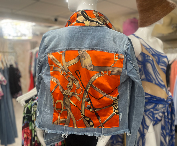 Light Denim Jacket - Orange with chains - Collar Detail - HTRAILZ